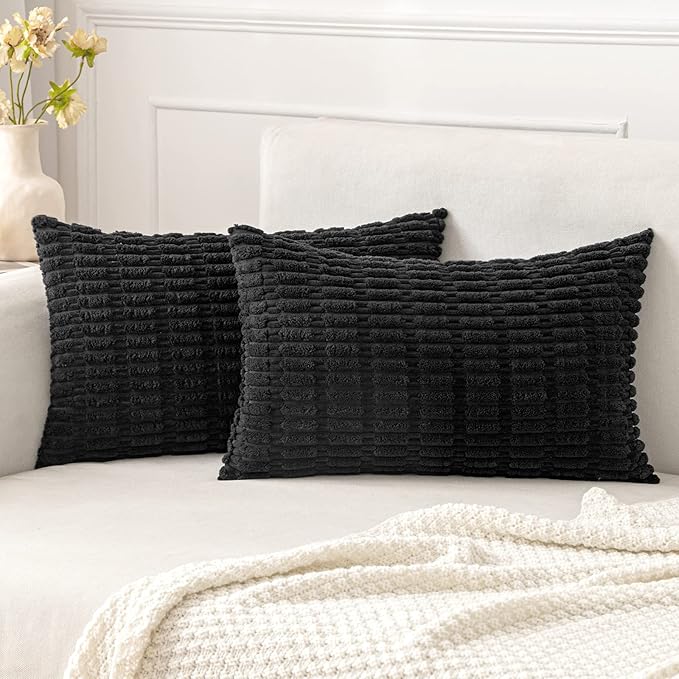MIULEE Pack of 2 Corduroy Decorative Lumbar Throw Pillow Covers 20x12 Inch Soft Boho Striped Pillow Covers Modern Farmhouse Home Decor for Halloween Sofa Living Room Couch Bed Black