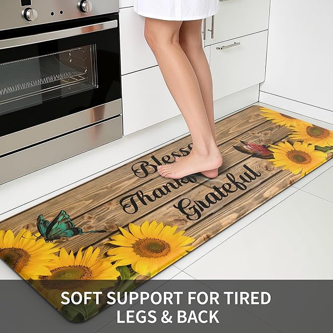 MAYHMYO Sunflower Kitchen Mat Set of 2 - Anti Fatigue Mats for Kitchen Floor - Non Slip Cushioned Rugs for Standing (17.3"×29"+17.3"×47"-0.4") Wood Grain