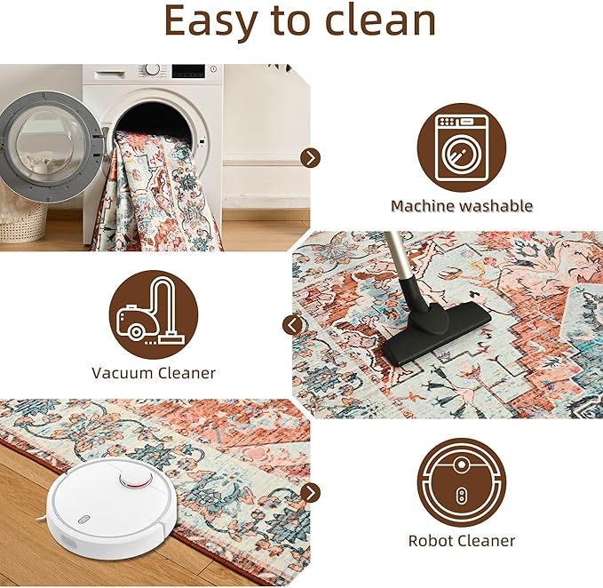 YJ.GWL Area Rugs for Living Room 4x6 Machine Washable Rugs for Bedroom, Non Slip Floral Vintage Rug Indoor Carpet, Stain Resistant Throw Rug for Dining Room Kitchen, Copper Tan