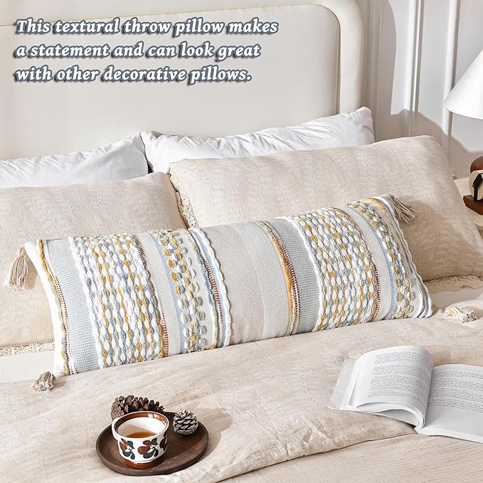 AmHoo Chenille Striped Textured Boho Throw Pillow Covers Aesthetic with Tassels Woven Decorative Pillow Case for Couch Bed Sofa Bedroom Modern Funky 14 x 36-Inch Grey
