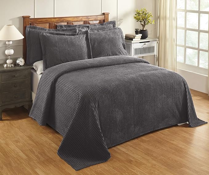 Better Trends Chenille Bedspreads Queen Size, Gray 100% Cotton Chenille Stripe Design Tufted Bedding Coverlet Soft Lightweight, 102"x110" 1 Pieces Jullian Collection