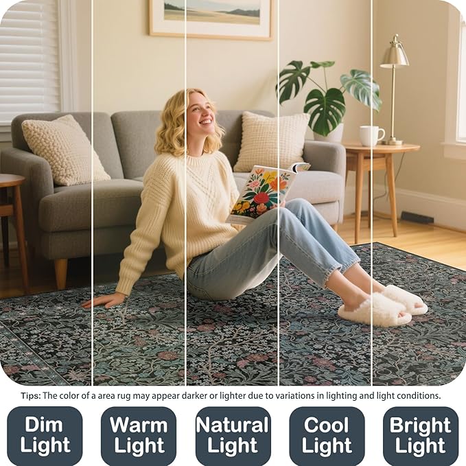 6x9 Washable Area Rugs for Living Room, Stain Resistant Vintage Rugs for Dining Room Under Kitchen Table, Bedroom, Floral Low Pile Non-Slip Large Carpet (6 x 9 Dark Green)