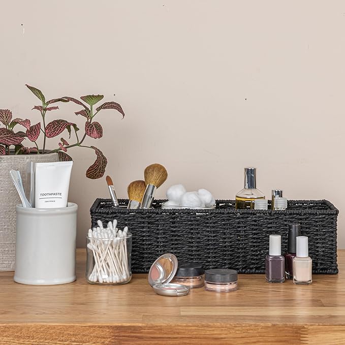 Household Essentials Handwoven Paper Rope Rectangular Storage Basket, Black