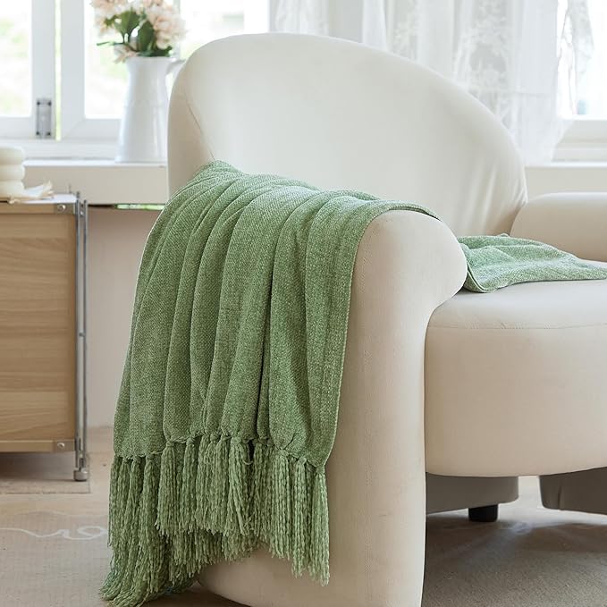 Simple&Opulence Soft Chenille Throw Blanket 50'' x 60'' - Cozy Fluffy Blanket with Fringe Tassel, Farmhouse Boho Blankets for Couch Bed Office Chair Gift Home Decor All Season Use,Sage Green