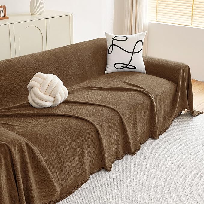 hyha Couch Cover for Dogs, Boho Sofa Covers for 3 Cushion Couch Washable, Chenille Sofa Slipcover for Pets, Soft Loveseat Sectional Couch Throw Blankets with Tassels (Chocolate, 71x102 Inch)