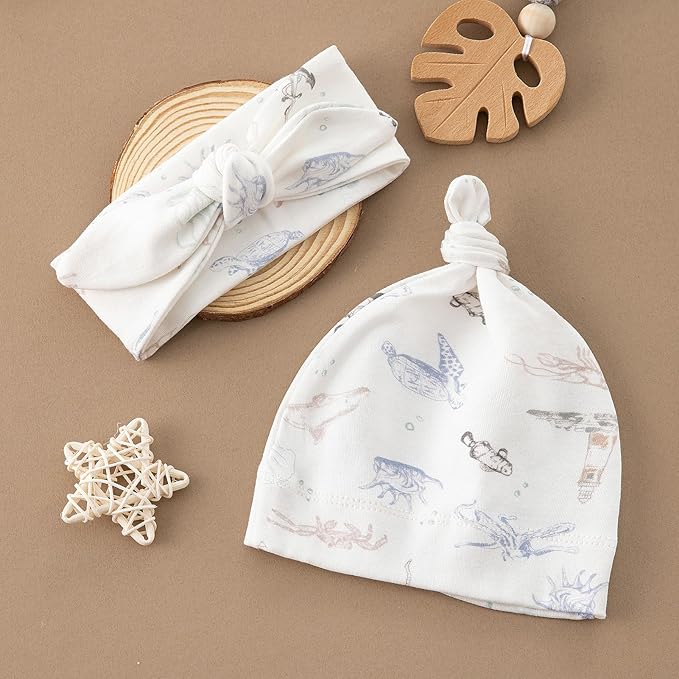 BabyWhale Muslin Swaddle Blanket with Hat and Headband Bow, Marine Animals Pattern Swaddle Set for Baby Boys ＆ Girls, Unisex Newborn Soft Receiving Swaddle Wrap, 47x47 inches