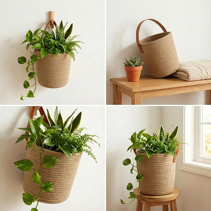 2Pack Natural Jute Hanging Baskets 7 * 8 in, Round Woven Wall Decor & Storage Planter for Plant Decor and Home Organization,Walls Basket for Bedroom, Living Room, Bathroom,Boho Decor (Jute)
