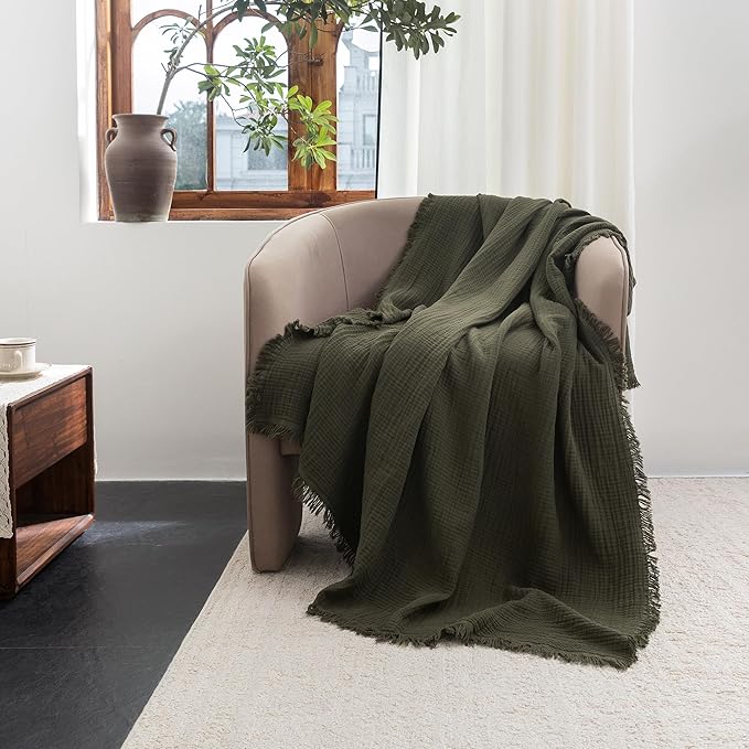 FOSSA Muslin Blanket with Fringe - 4-Layer 100% Cotton Gauze Super Soft & Breathable Throw -Lightweight Decorative Cooling Blanket for Bed, Sofa, Office -Oversize Queen Size 98" × 98" (Olive Green)