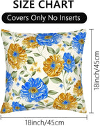 Mustard Yellow Floral Spring Summer Throw Pillows Covers 18x18 Inch Set of 2, Blue Flowers Pillowcases, Boho Square Cushion Covers for Couch Sofa Bedroom Living Room Farmhouse, Boho Spring Home Decor