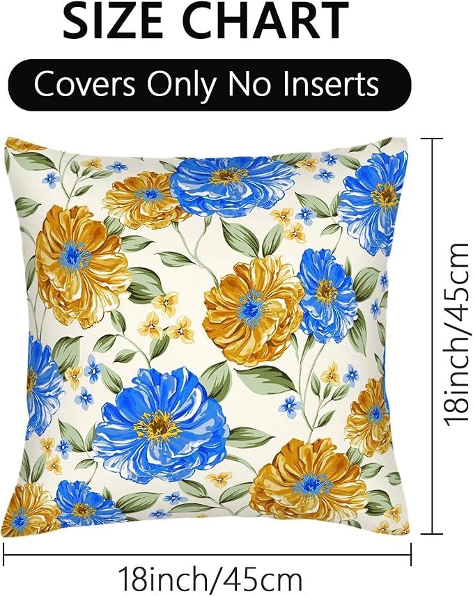 Mustard Yellow Floral Spring Summer Throw Pillows Covers 18x18 Inch Set of 2, Blue Flowers Pillowcases, Boho Square Cushion Covers for Couch Sofa Bedroom Living Room Farmhouse, Boho Spring Home Decor