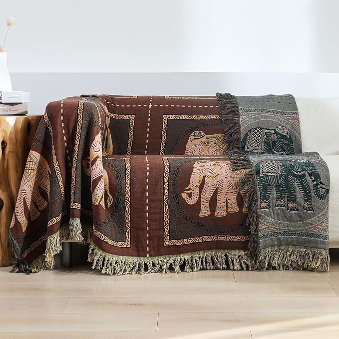 Boho Throw Blanket for Bed with Tassels,100% Cotton Ultra Soft and Cozy Large Blanket Elephant Printed Farmhouse Decor Bed Blankets,90"×98" All Season Rustic Throw for Sofa Couch Chair-Brown