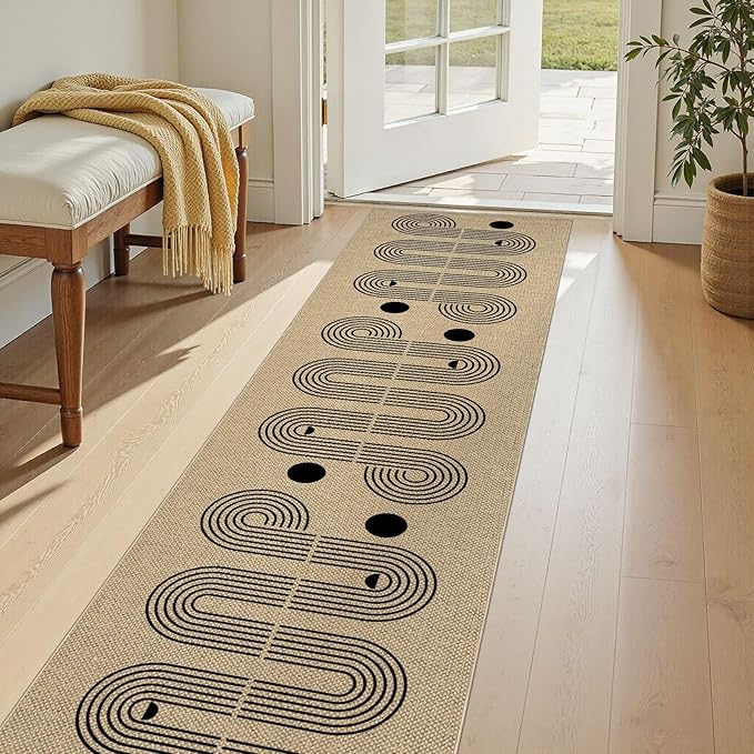 Kitchen Runner Rugs for Hallway, 2x8 Washable Farmhouse Non Slip Outdoor Runners Rug for Bedroom Porch Laundry Bathroom Geometric Brown