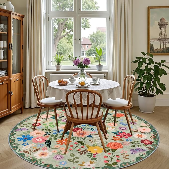 Round Area Rug for Living Room: 4 ft Floral Washable Circle Rug Soft Boho Non-Slip Carpet Indoor Stain Resistant Low Pile Small Circular Rug for Bedroom Entryway Kitchen Nursery Home Office Green