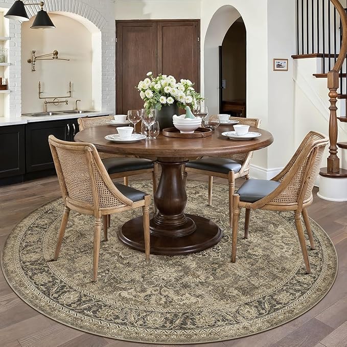 5x5 Washable Brown Round Rug Vintage Entryway Kitchen Cirlce Rug Non-Slip Soft Low Pile Distressed Indoor Carpet for Entrance Bathroom Dining Room