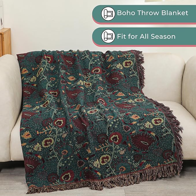 Boho Fall Throw Blanket for Bed,100% Ultra Cotton Soft Breathable Bed Throw Floral Printed Farmhouse Decor Rustic Bed Throws for Couch Sofa Quilt 80" x 90"