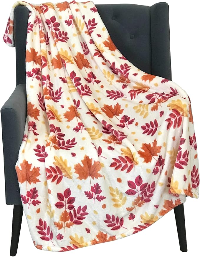 Fall Throw Blanket: Colorful Autumn Leaves, Burgundy Red Burnt Orange Yellow Print on Soft Fleece for Sofa Bed Couch Chair or Dorm