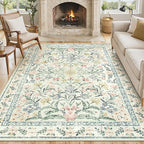 Lahome Sylvie Boho Rugs for Living Room, Washable Large 8 x 10 Area Rugs for Bedroom Non Slip, Soft Ultra-Thin Distressed Floral Throw Carpet for Office Dining Room, Cream/Multi