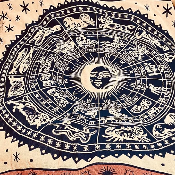 Boho Throw Blankets Woven Reversible Cotton Bohemian Tapestry Hippie Room Decor Witchy Astrology Zodiac Celestial Constellation Carpet Bed Recliner Chair Couch Sofa Cover Double Sided 50"x70"
