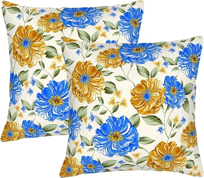 Mustard Yellow Floral Spring Summer Throw Pillows Covers 18x18 Inch Set of 2, Blue Flowers Pillowcases, Boho Square Cushion Covers for Couch Sofa Bedroom Living Room Farmhouse, Boho Spring Home Decor