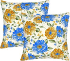 Mustard Yellow Floral Spring Summer Throw Pillows Covers 18x18 Inch Set of 2, Blue Flowers Pillowcases, Boho Square Cushion Covers for Couch Sofa Bedroom Living Room Farmhouse, Boho Spring Home Decor
