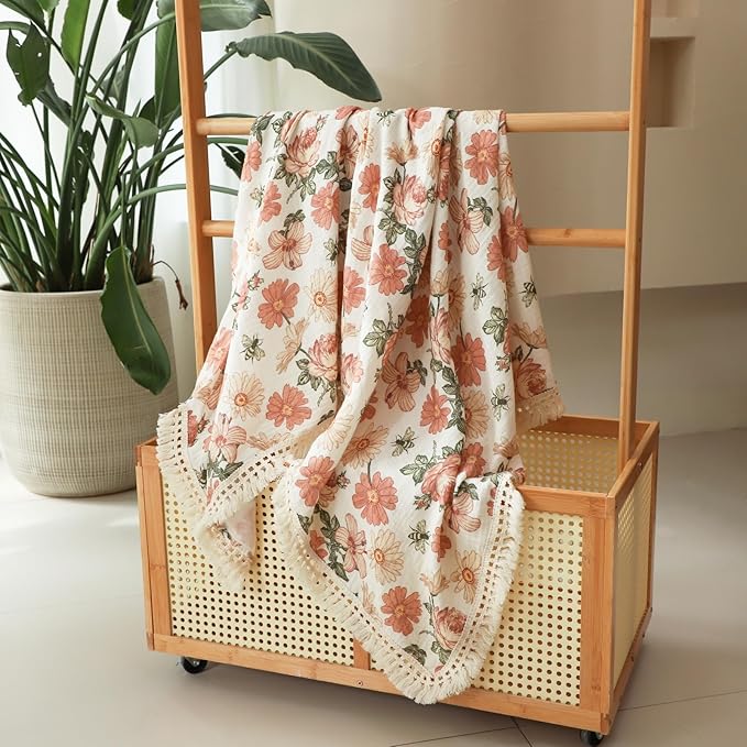 insular Cotton Muslin Baby Blanket with Tassel, Boho Bohemian Muslin Swaddle Blanket Baby Receiving Blanket with Fringe, Nursery Decor Throw or Nursing Blankets, 47" x40”, Floral&Bee