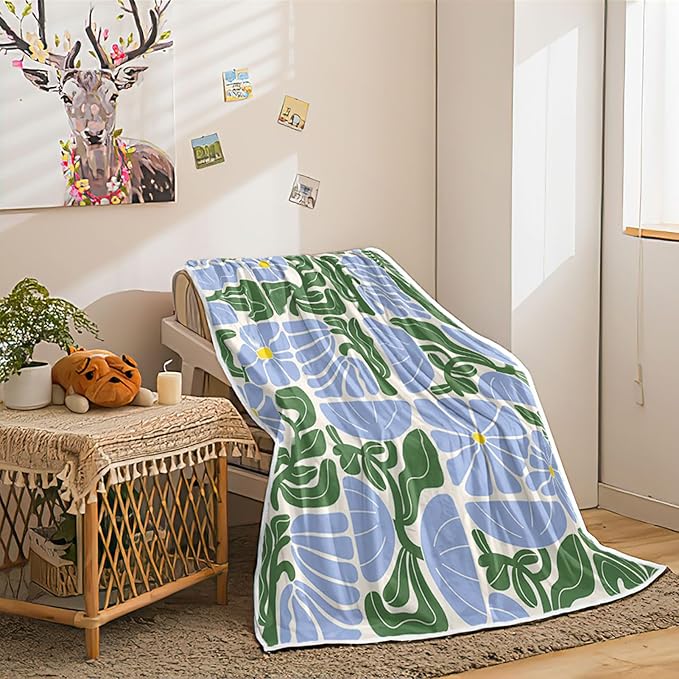 Boho Abstract Colorful Floral Throw Blanket, Vintage Retro Patchwork Blue Green Flower Botanical Geometric Aesthetic Groovy Flannel Throw Blanket for Chair Bed Sofa Couch, 50X60IN