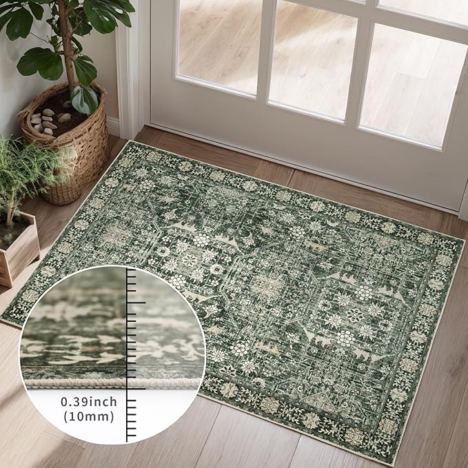 Area Rug 6×9 Washable Rugs for Bedroom, Vintage Floral Rug Soft Non Slip Stain Resistant Carpet for Living Room Dinning Room Kitchen Home Office Green Black