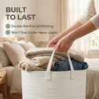 65L Extra Large Blanket Basket for Living Room - Woven Cotton Rope Laundry Hamper with Reinforced Handles - Storage Bin for Pillows, Comforters & Toys - Machine Washable,White