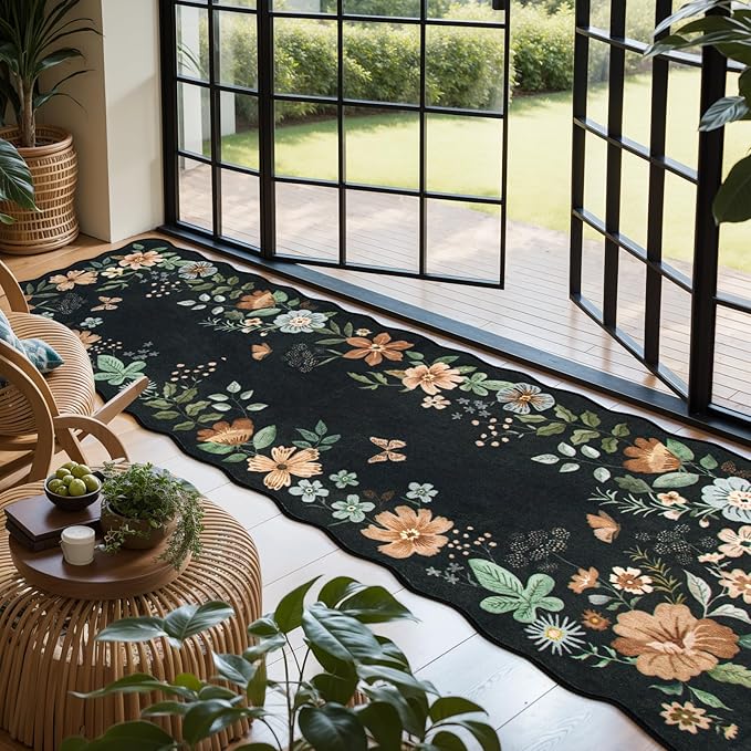 Lahome Floral Runner Rug for Hallways, 2'6''x8' Kitchen Runner Non Slip, Soft Washable Hallway Rugs with Rubber Backing Carpet for Laundry Bedroom Bathroom Flore (Black/Grey)