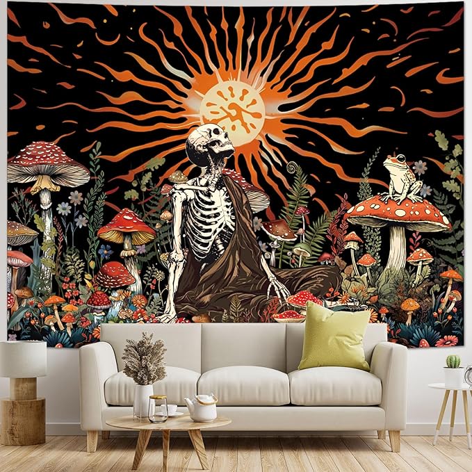 Amonercvita Skull Tapestry Vintage Mushroom Tapestries Aesthetic Sun Tapestry Floral Skeleton Wall Hanging Tapestries Jungle Plants Wall Decor for Bedroom