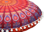 CRAFT KALA Round Mandala Floor Pillow Cover for Adults - Large Meditation Cushion Cover - Premium Outdoor Floor Pouf Cover Seat - Yoga Pillows Cover for Sitting On Floor 32" Maroon Mirchi
