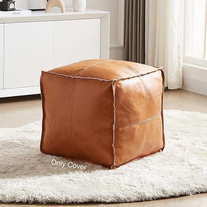 Pouf Ottoman, Unstuffed Pouf Cover, Handmade Faux PU Leather Moroccan, Orange Brown 17.7" Square, Foot Rest for Living Room, Floor Chair Gifts for Men Women, (Only Cover)