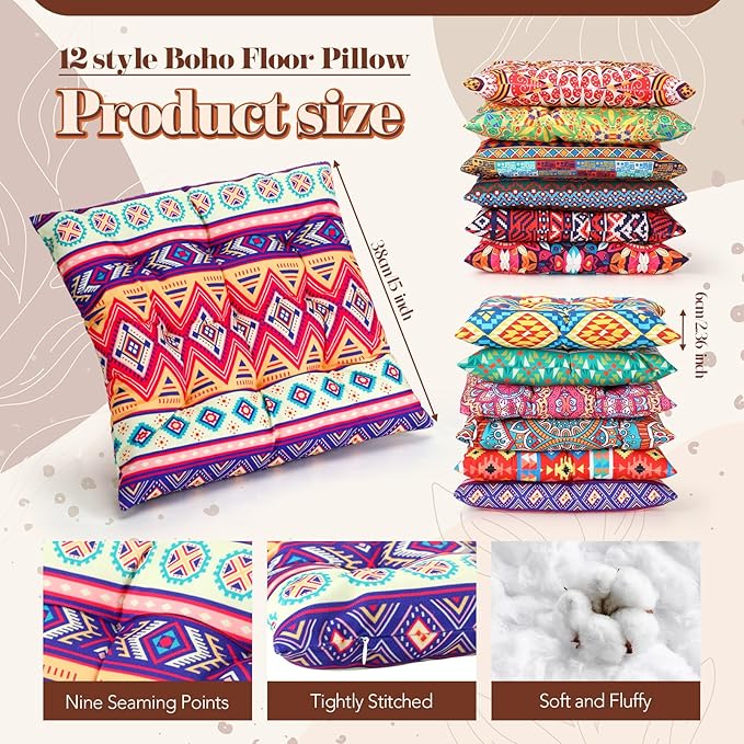 Nuogo 12 Pcs Bohemian Floor Cushions Bulk 15 Inch Boho Floor Sitting Meditation Pillows Yoga Mandala Meditation Pouf for Living Room Balcony Office Tatami(Square)