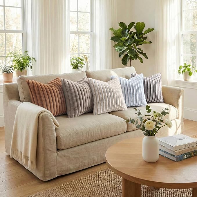Pallene Faux Fur Plush Throw Pillow Covers 24x24 Set of 2, Luxury Soft Fluffy Striped Decorative Pillow Covers for Sofa, Couch, Living Room, Ombre Grey