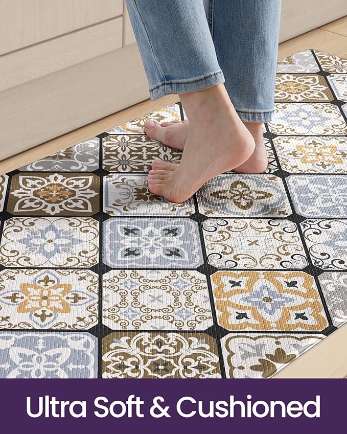 DEXI Anti Fatigue Kitchen Mats for Floor, 23x86, Cushioned Standing Padded Mat Waterproof, Comfort Runner Rug for Laundry Room Office, Brown Checkered