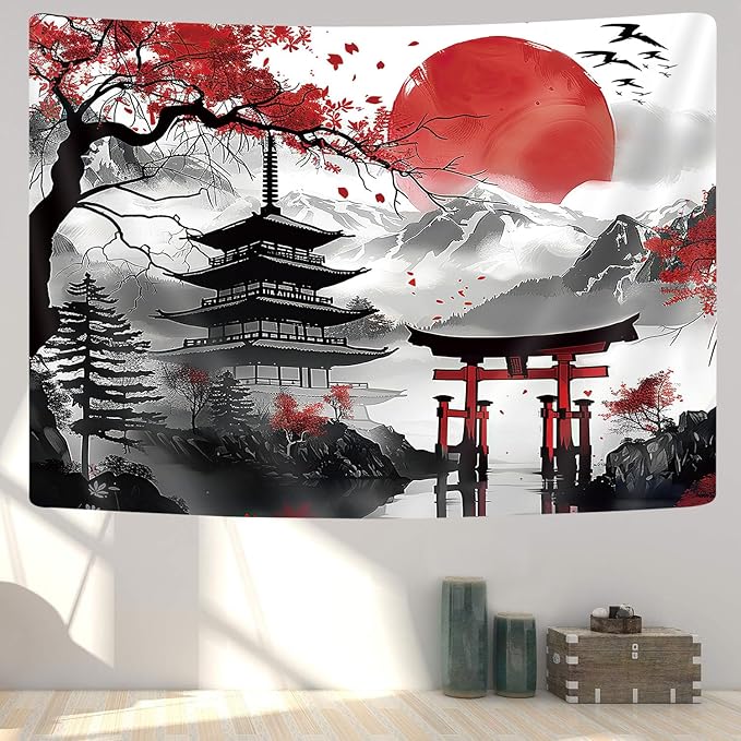 GOAOK Japanese Anime Tapestry, Cool Japan Cherry Blossom Floral Mountain Sun Asian Oriental Abstract Art Tapestry Wall Hanging for Men, Red and Black Small Tapestries Aesthetic for Living Room, 40x30
