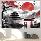 GOAOK Japanese Anime Tapestry, Cool Japan Cherry Blossom Floral Mountain Sun Asian Oriental Abstract Art Tapestry Wall Hanging for Men, Red and Black Small Tapestries Aesthetic for Living Room, 40x30