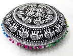 CRAFT KALA 22" Bohemian Floor Pillow Pouf Cover Mandala Boho Large Round Meditation Room Pillow Covers for Adults Seating Poufs Cushion Cover for Kids Playroom Black and White Elephant