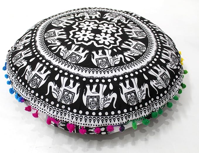 CRAFT KALA 22" Bohemian Floor Pillow Pouf Cover Mandala Boho Large Round Meditation Room Pillow Covers for Adults Seating Poufs Cushion Cover for Kids Playroom Black and White Elephant