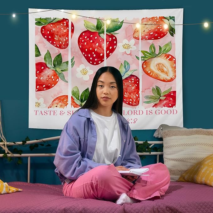 AQYIP Strawberry Christian Tapestry, Psalm 34:8 Bible Verse Tapestry Decorative, Pink Cute Floral Strawberry Religious Wall Tapestries Blanket Decor for Home Girls Room Dorm, 50x60 Inch