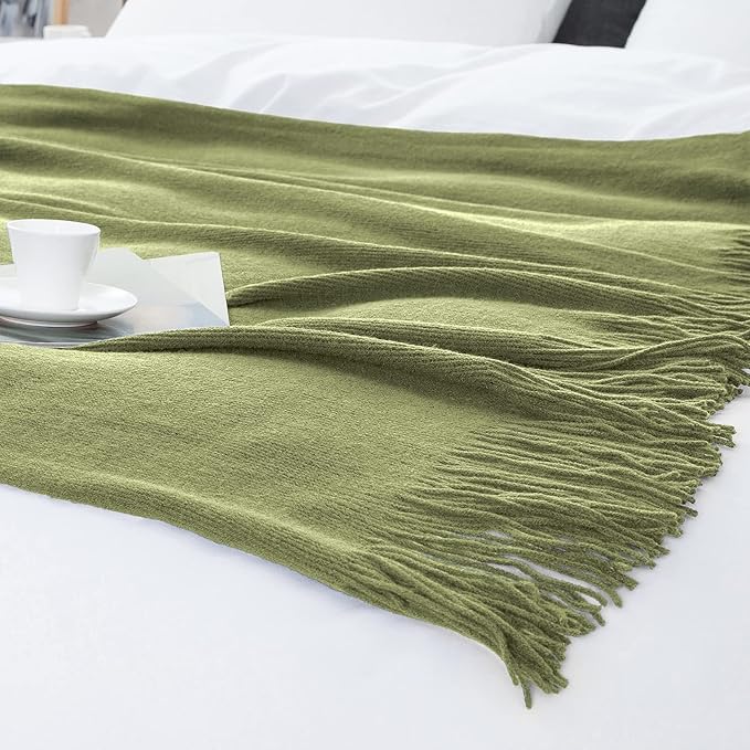 Vonty Olive Green Knitted Blanket with Tassels Fringe 50" x 60", Super Soft Knit Throw Blanket, Farmhouse Decorative Lightweight Blanket for Couch, Sofa, Bed