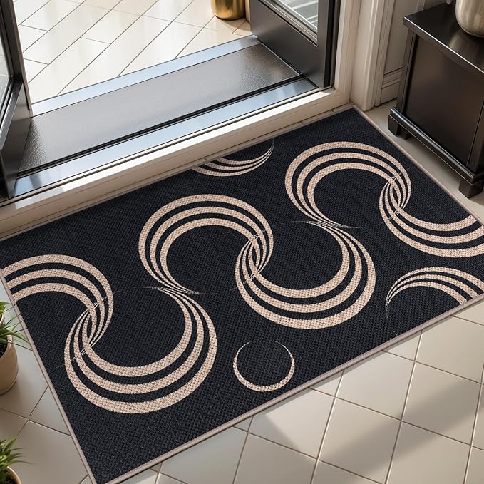 Tangsoo Easy Jute Rug for Entryway,2x3 Outdoor Washable Thin Rug Non-Slip Black Geometric Indoor Entry Mat Small Throw Carpet for Kitchen Bedroom Front Porch Doorway