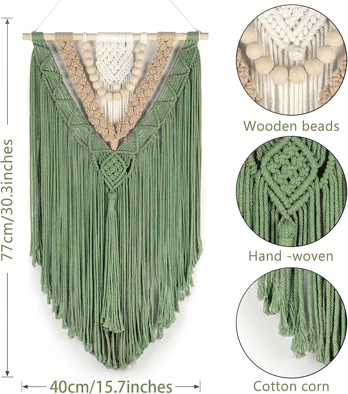 EOBTAIN Green Macrame Wall Hanging Boho Home Decor,Handmade Craft Handwoven Tapestry for Gallery Nursery Living Room,Natural Cotton Cord and Wood Beads Tassel Bohemian Art Decoration,30 Inch