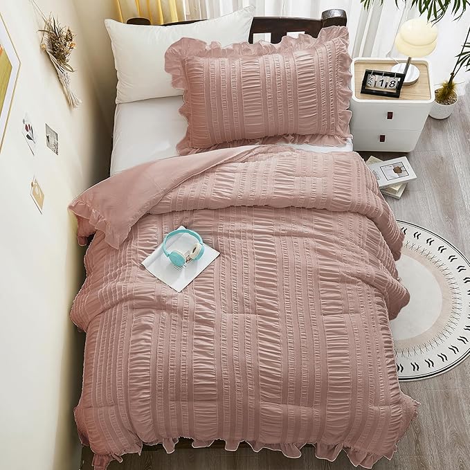 WONGS BEDDING Comforter Full Size, Pink Ruffle Comforter for Full Bed for Dorm Room Essentials, Soft Seersucker Textured Bedding Set Full Size Comforter Sets for Girls 90"×78"