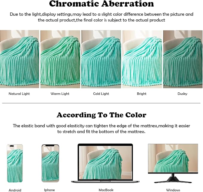 NEWCOSPLAY Super Soft Queen Blanket Aqua Premium Silky Flannel Fleece 3D Ribbed Jacquard Lightweight Bed Blanket All Season Use (Aqua Ribbed, Queen(90"x90"))