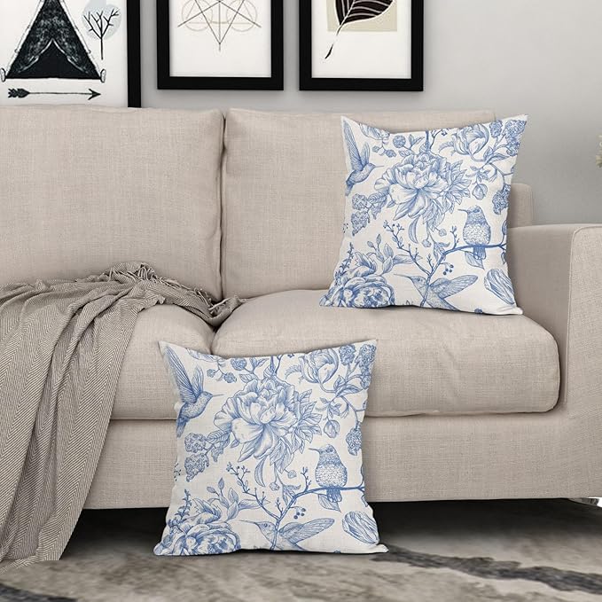 Chinoiserie Blue White Floral Pillow Covers 18X18 Inch French Country Vintage Flowers Bird Decorative Pillow Cases Set of 2 Seasonal Cotton Linen Throw Pillows Farmhouse Home Decor For Sofa Couch