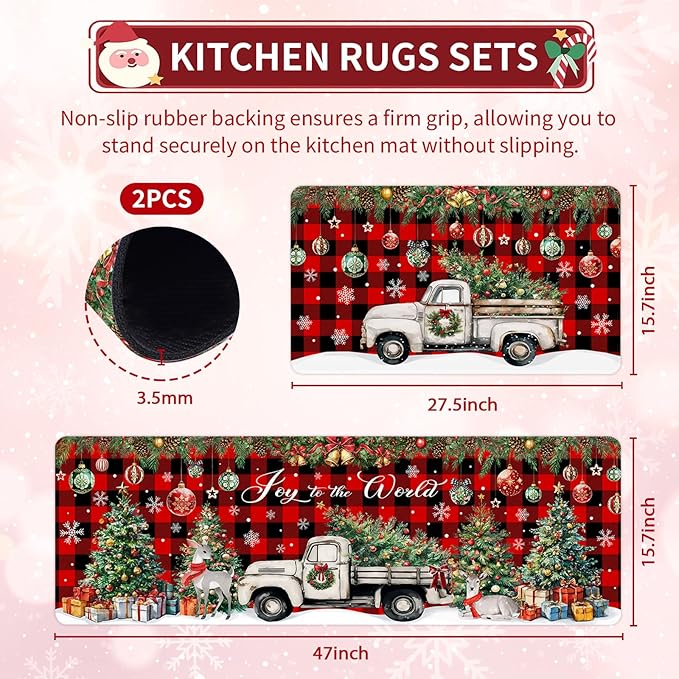 Christmas Rugs for Kitchen Floor, Red Buffalo Plaid Christmas Truck Mats for Kitchen Floor Rubber Non Slip, 2PCS Farmhouse XmasTree Kitchen Mat Cushioned for Room Doorway 15.7"×27.5" +15.7"×47"