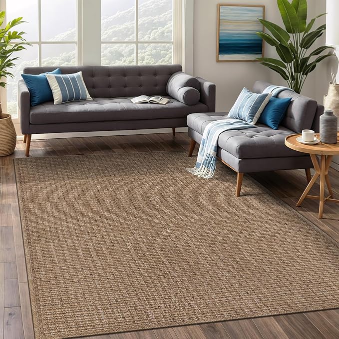 Beverly Rug Easy Jute Natural Rug 6x9 Solid Washable Durable Outdoor Indoor Area Rugs for Living Dining Room Patio Office Stain Resistant Non Shedding Casual Indoor Outside Carpet (6 x 9 Natural)