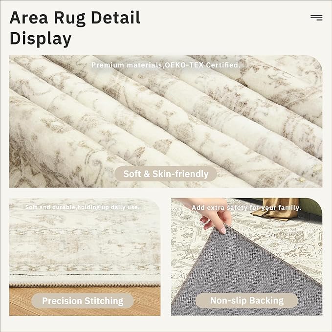 9x12 Area Rugs for Living Room, Non Slip Machine Washable Vintage Rugs, Low Pile Lightweight Large Rug for Bedroom, Dining Room, Home Office Beige/Brown