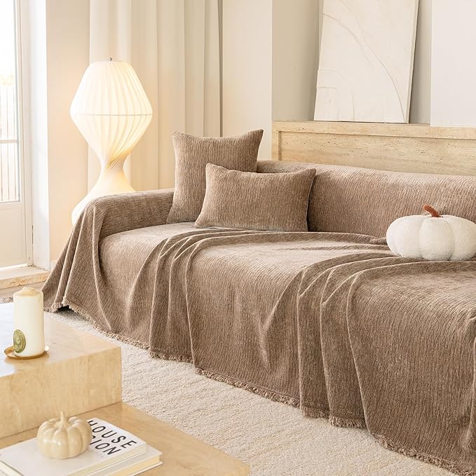 ROOMLIFE Sofa Cover, Boho Couch Cover for 3 Cushion Sofa, Non Slip Chenille Sofa Slipcovers for Dog, Washable Furniture Sofa Protector Cover with Tassel for Living Room, 71''X150”